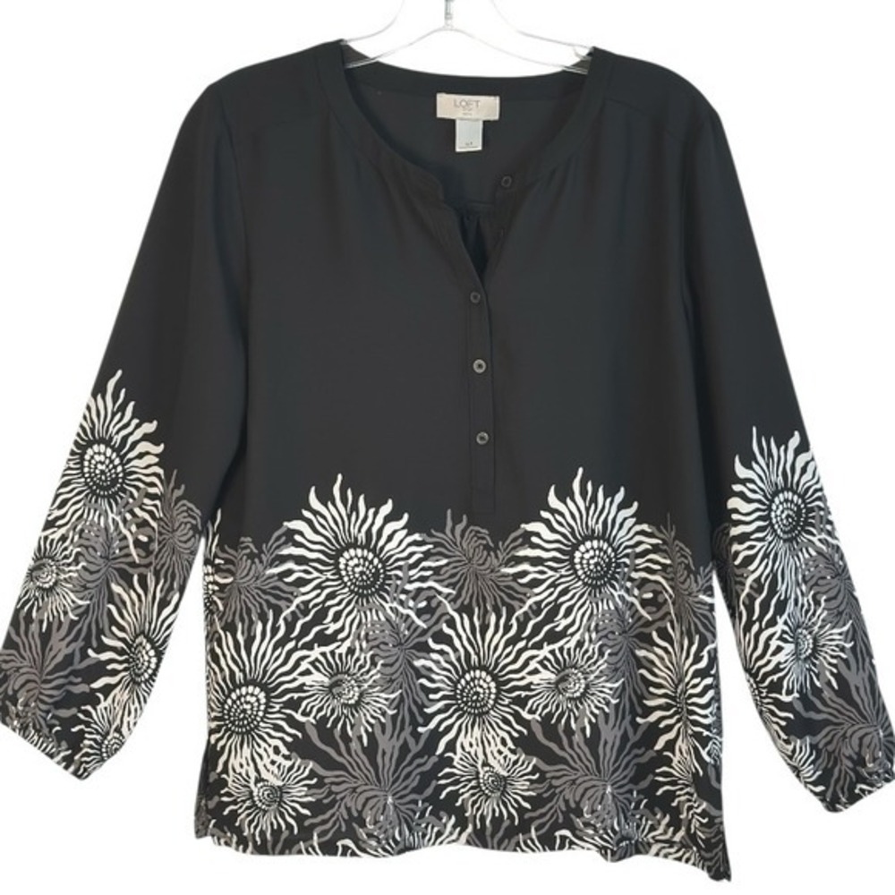 LOFT Outlet Petite Black Floral Sunburst Henley‎ Blouse Long Sleeve Boho MP